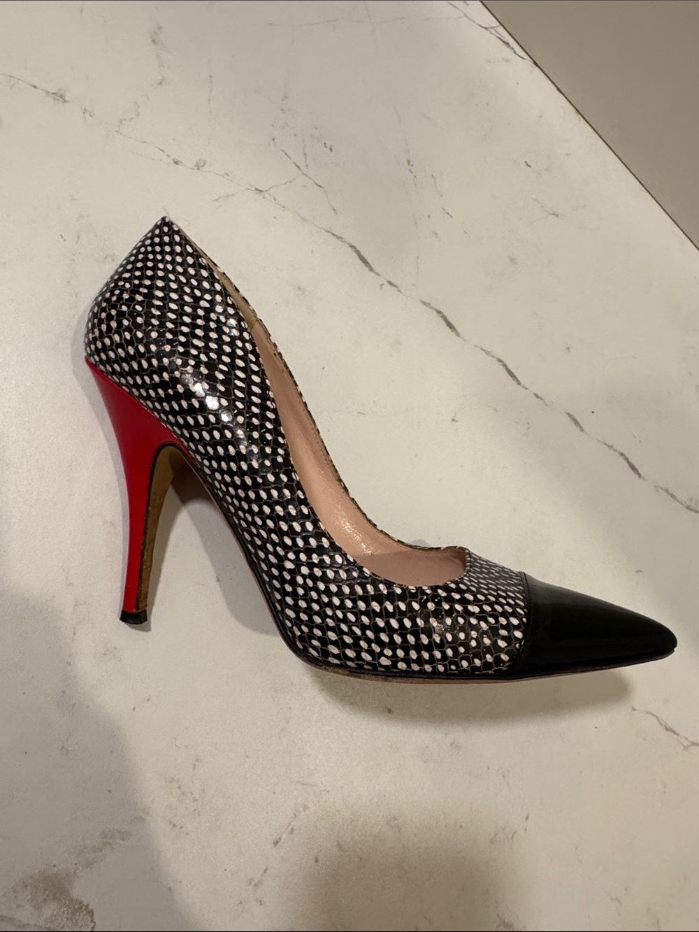 Vintage kate spade Black & White Python Pointed Toe Pump with Red Heel
